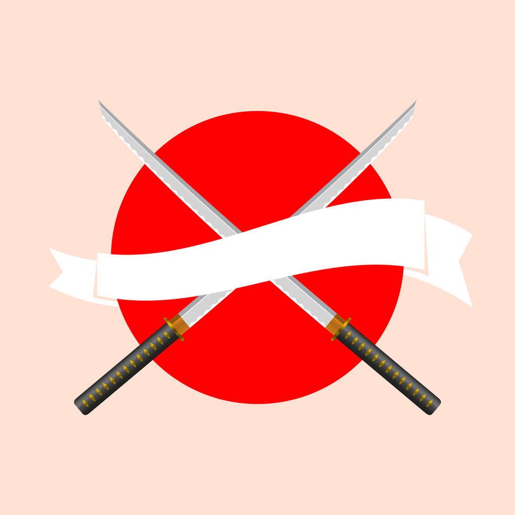 日本の旗の背景に白のリボンと日本刀剣。武士の剣のエンブレム。ベクトルの図。寿司レストランのメニュー テンプレート、デザイン要素. - ベクター画像