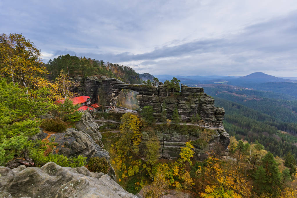 Pravcicka brana rock in Bohemian switzerland - Czech republic - travel and nature background - Photo, Image