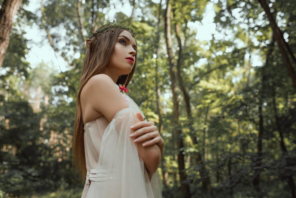 tyylikäs mystinen tonttu mekko seisoo ristissä kädet metsässä
 - Valokuva, kuva