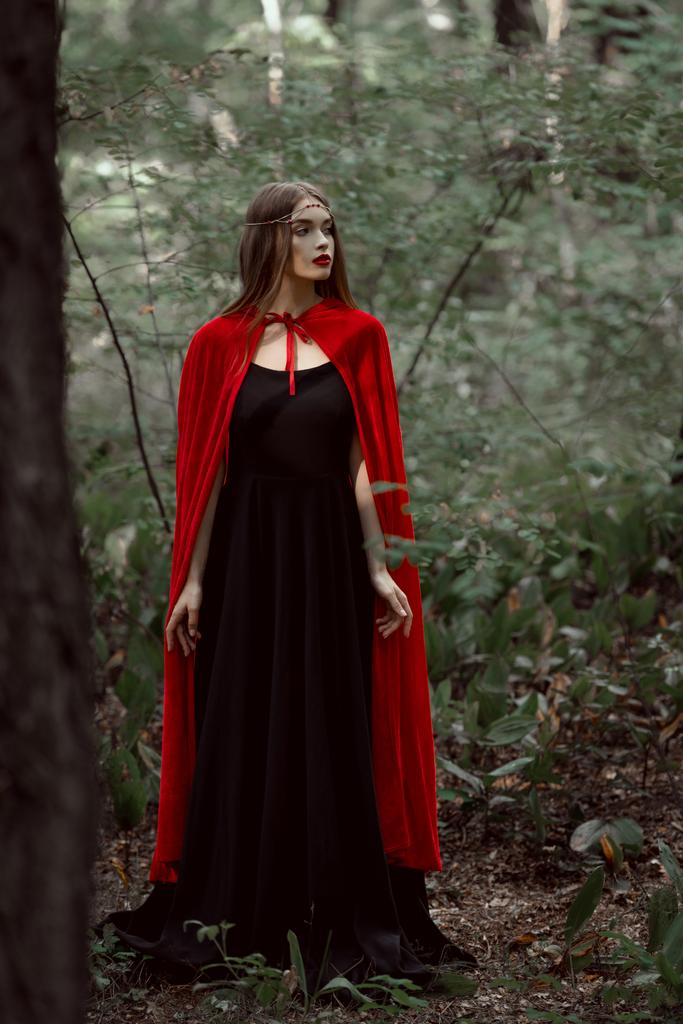 beautiful mystic girl in red cloak in forest - Photo, Image