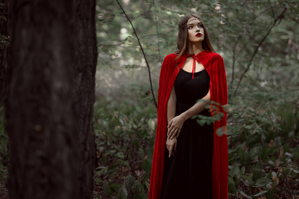 приваблива містична дівчина в червоному плащі в лісі
 - Фото, зображення