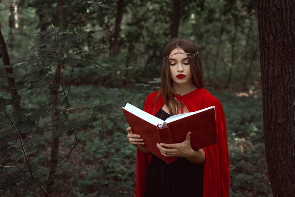 attraktive mystische Frau in rotem Mantel und Kranz liest Zauberbuch im Wald - Foto, Bild