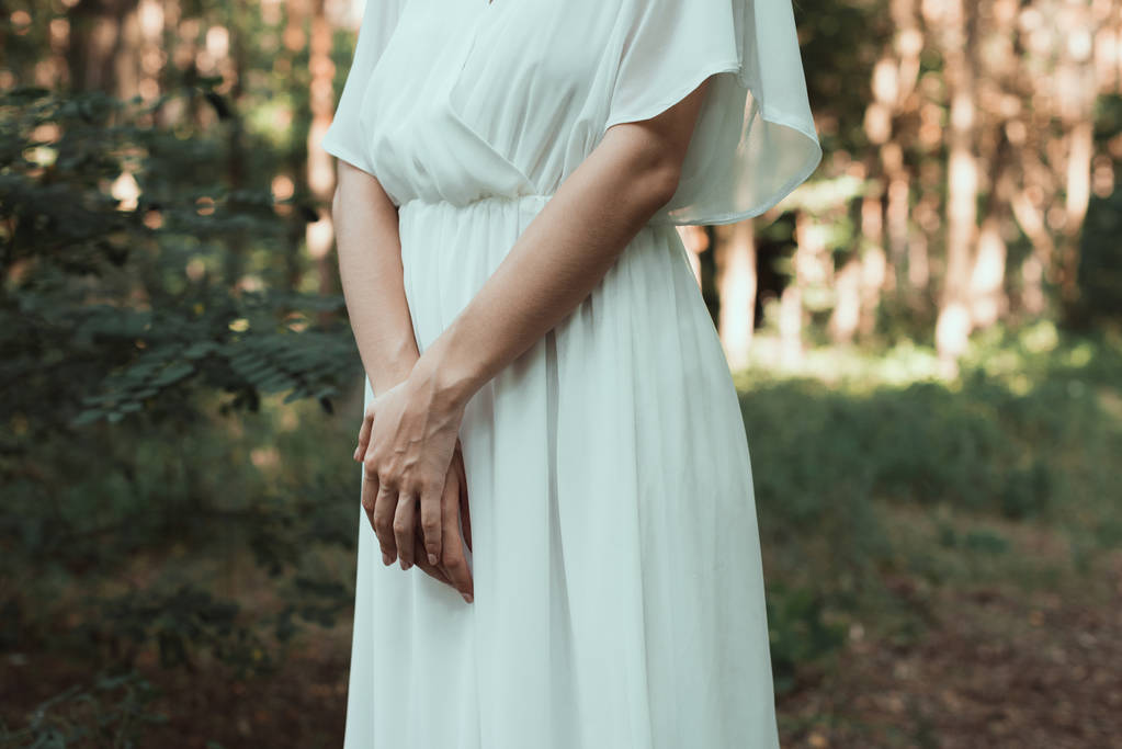 ormanda poz beyaz elbiseli kız görünümünü kırpılmış  - Fotoğraf, Görsel