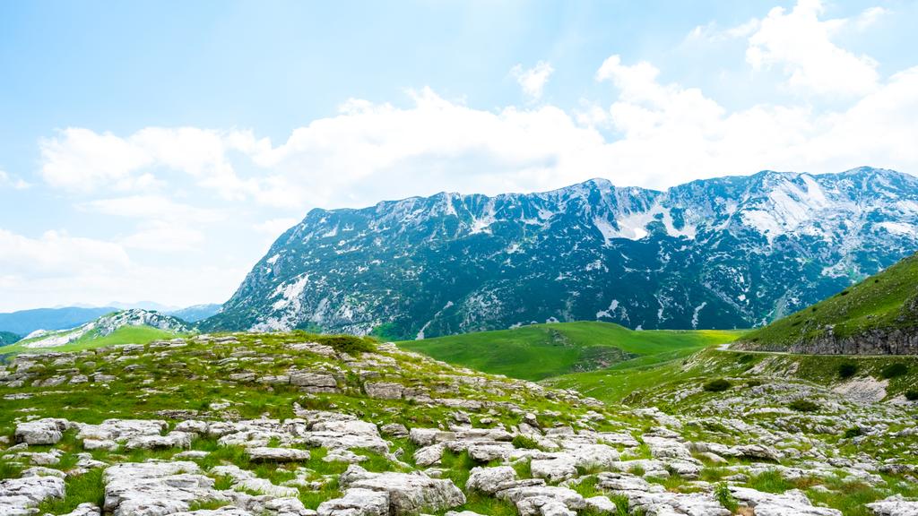 panoramisch uitzicht op groene vallei met stenen in Durmitor-massief, Montenegro - Foto, afbeelding