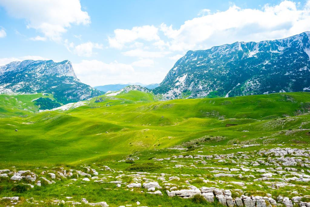 valle verde con piedras y montañas en el macizo de Durmitor, Montenegro
 - Foto, Imagen