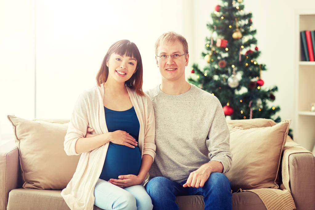 esposa embarazada con marido en casa en Navidad
 - Foto, Imagen
