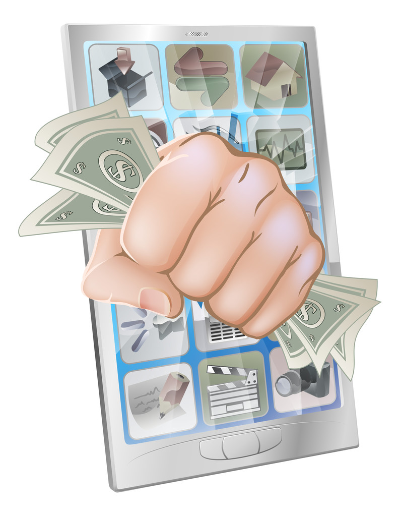 Fist smashing out of phone with money - Vector, Image