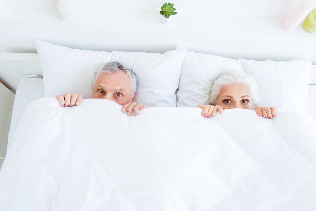 High angle top view surprised funny couple gray hair people in p - Photo, Image