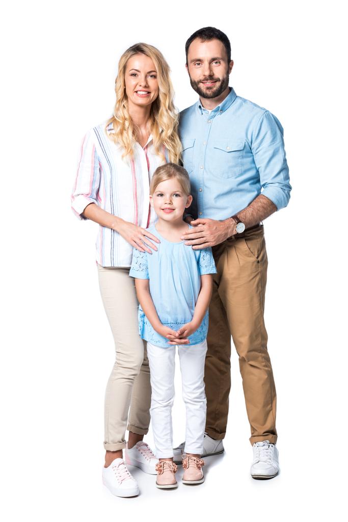 вид спереду щасливих батьків з дитиною ізольовані на білому
  - Фото, зображення
