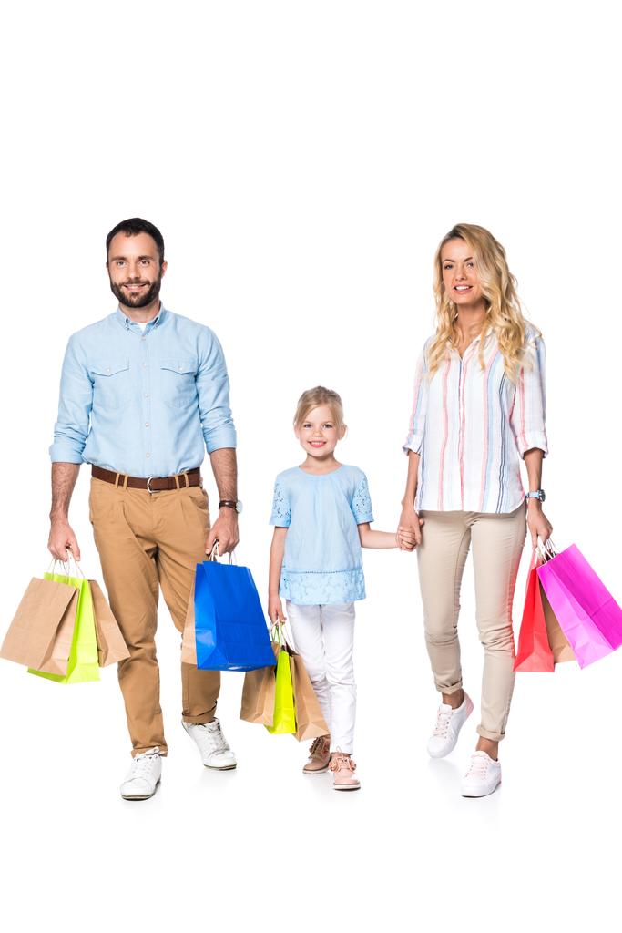 сім'я з сумками для покупок ізольована на білому
 - Фото, зображення