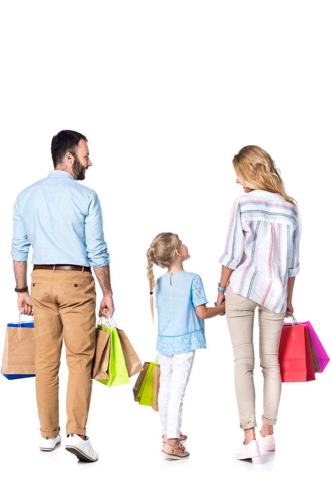 visão traseira da família com sacos de compras isolados em branco
 - Foto, Imagem