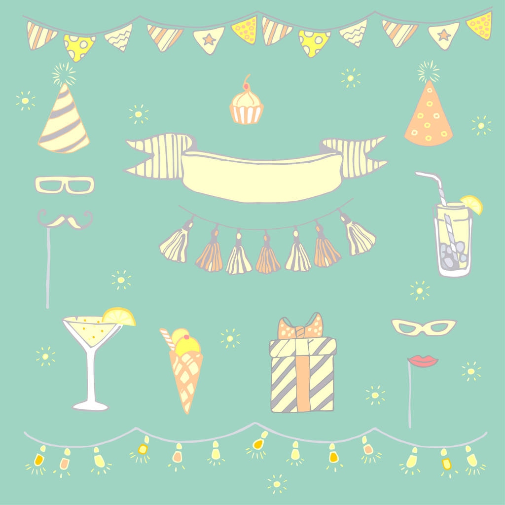 verjaardag thema illustraties van slingers, maskers, cocktails - Vector, afbeelding