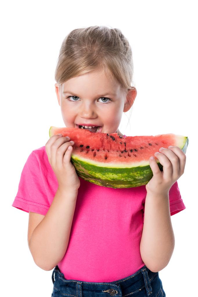 criança comendo melancia isolada no branco
 - Foto, Imagem
