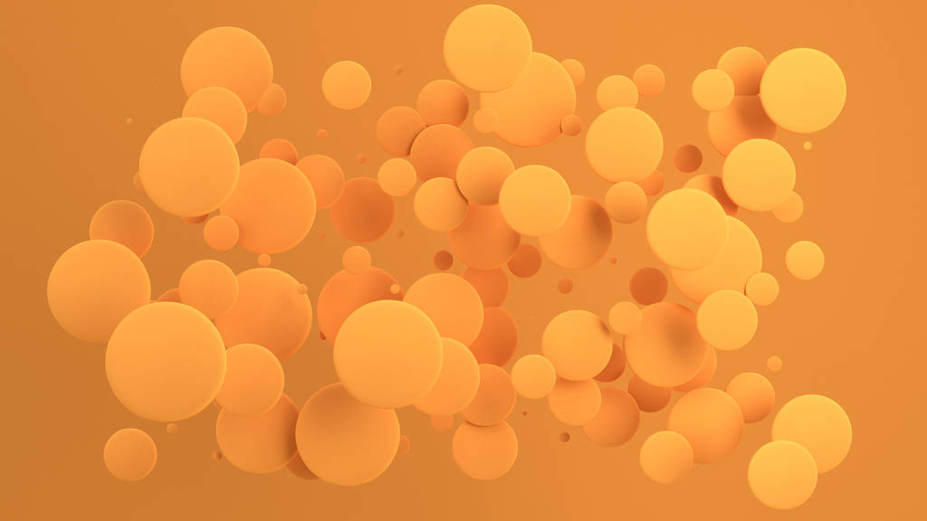Discos naranjas de tamaño aleatorio sobre fondo naranja. Fondo abstracto con círculos. Nube de círculos delante de la pared. Ilustración de representación 3D
 - Foto, Imagen