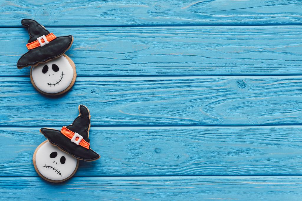 elevated view of delicious homemade halloween cookies on wooden background  - Photo, Image
