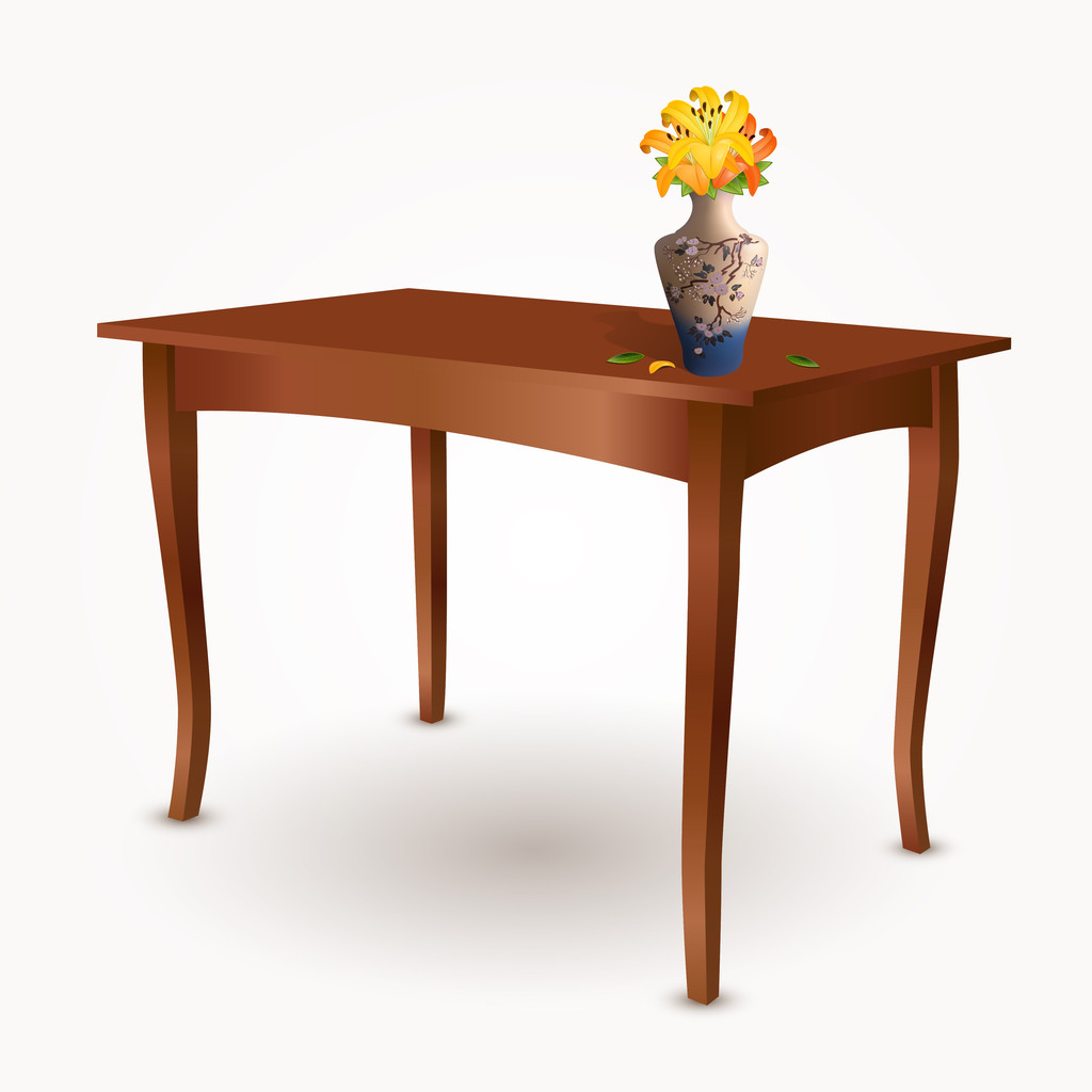 Деревянный стол с вазой цветов
 - Вектор,изображение