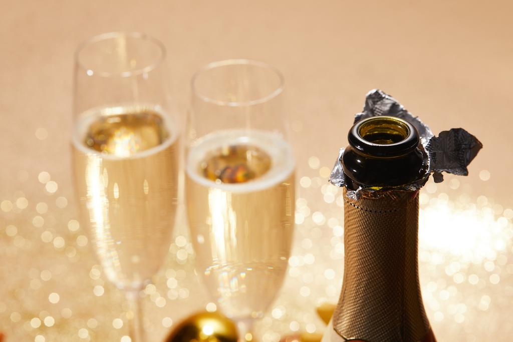 selective focus of open champagne bottle, christmas concept - Photo, Image
