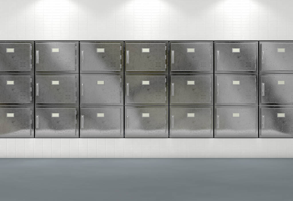 A flat wall of shut fridges in a clean white ward in a mortuary - 3D render - Photo, Image