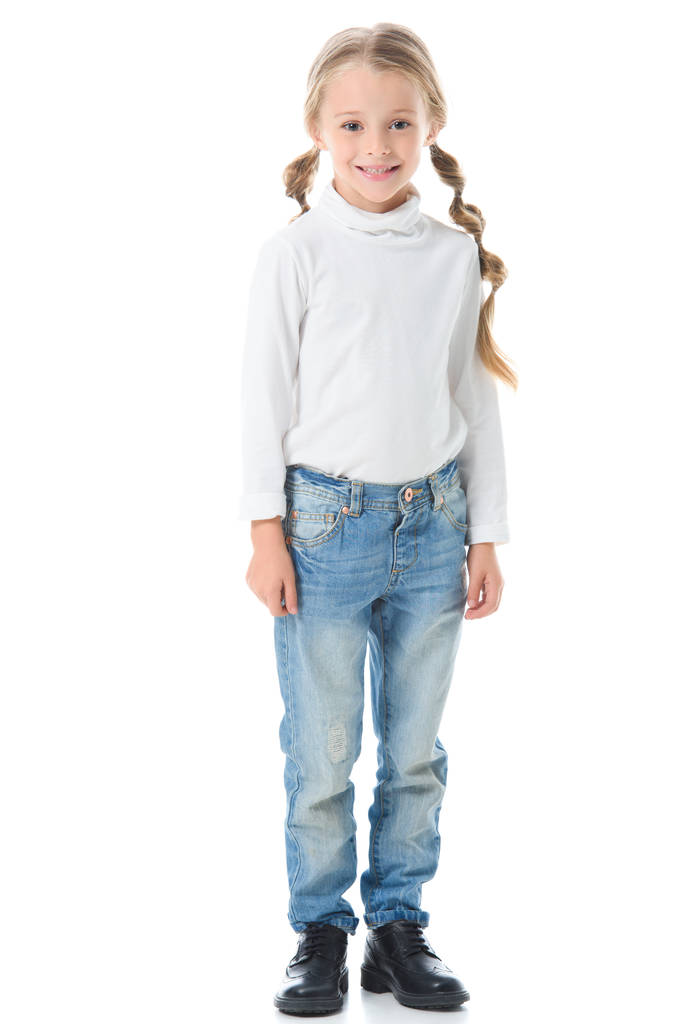 adorabile bambino con trecce in posa isolata su bianco
 - Foto, immagini
