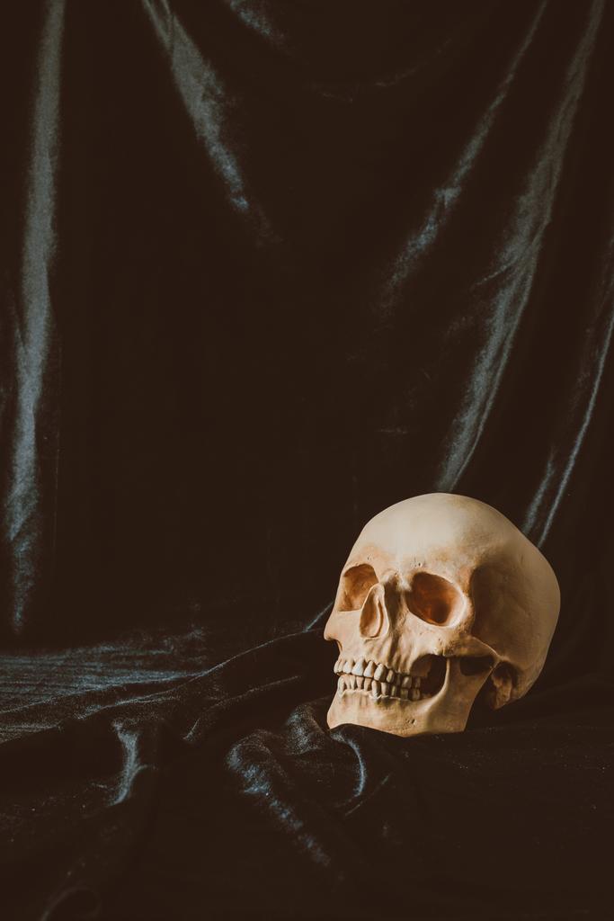 страшний череп на чорній тканині з павутиною для Хеллоуїна
 - Фото, зображення