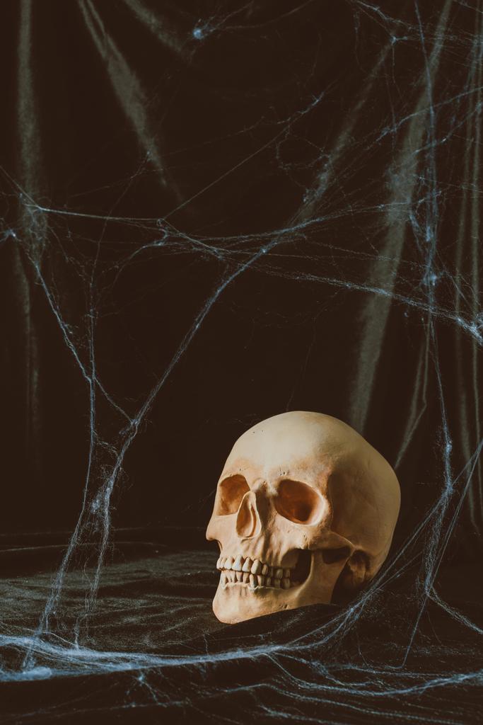 Gruseliger Halloween-Totenkopf auf schwarzem Tuch mit Spinnennetz - Foto, Bild