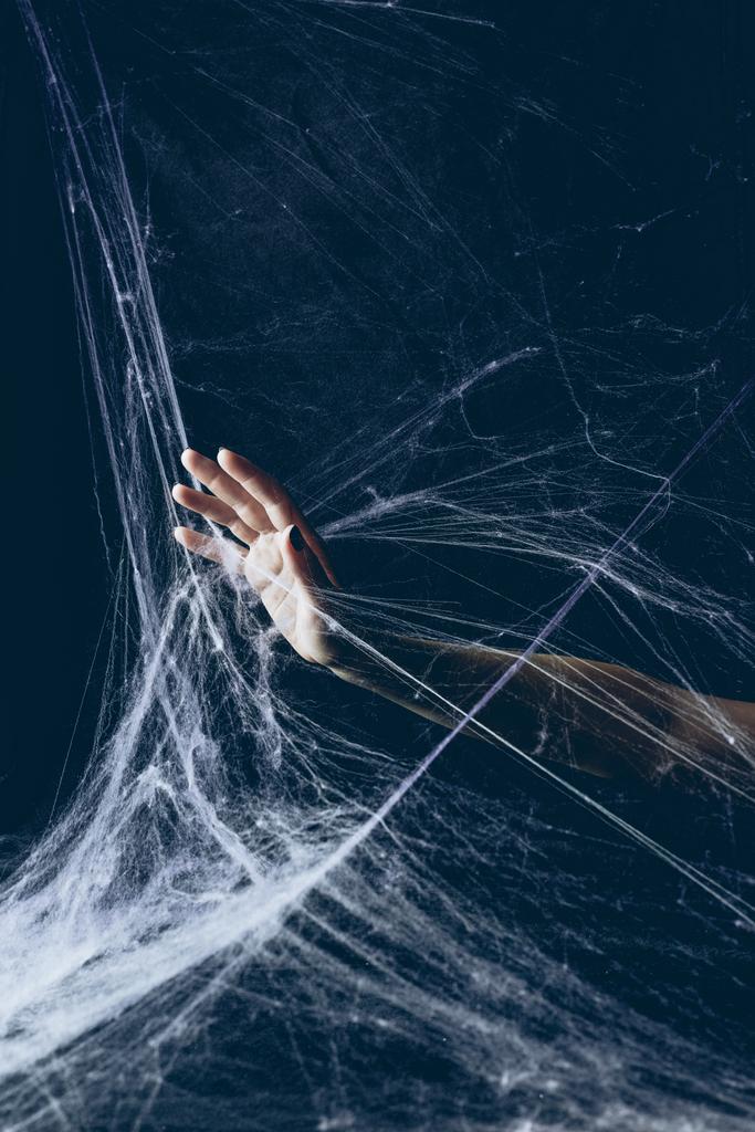 Μερική άποψη της γυναίκας με το χέρι στον ιστό της αράχνης στο σκοτάδι στις Απόκριες - Φωτογραφία, εικόνα