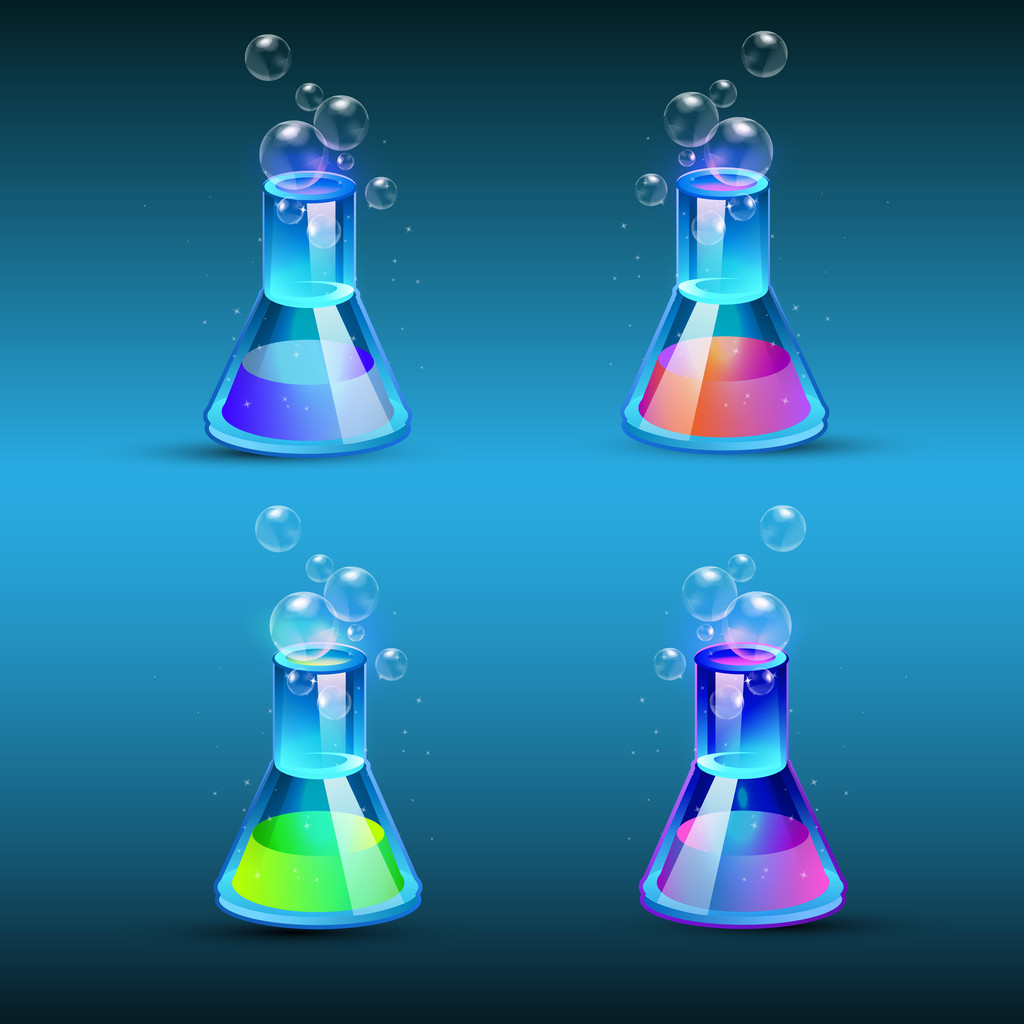 Conjunto de frascos de vidro com líquido
 - Vetor, Imagem