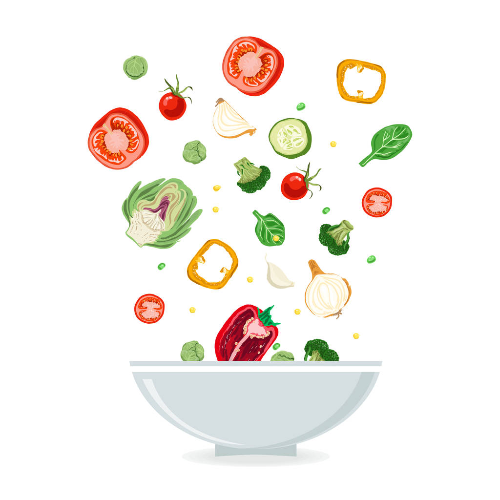 Peper, domates, soğan, salatalık sebze salatası kase. Sağlıklı beslenme. Vektör çizim tasarımınız için - Vektör, Görsel