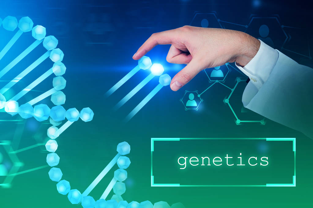 Männerhand, die Gene aus blauer DNA-Helix über blaugrünen Hintergrund nimmt. Textgenetik unten. Biotechnologie, Biologie, Medizin und Wissenschaftskonzept. Bild mit doppelter Belichtung - Foto, Bild