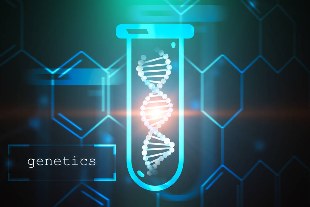 DNA sarmalının test tüpü içinde karbon atom kılavuz ve metin genetik sol köşesinde ile mavi yeşil arka plan üzerinde beyaz. Biyoteknoloji, biyoloji, tıp ve bilim kavramı. 3D render sahte tonlu görüntü - Fotoğraf, Görsel