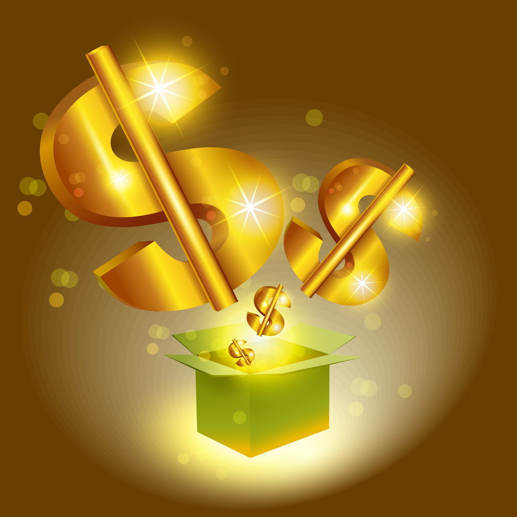 Golden dollar signs jump from box - Vector, Image