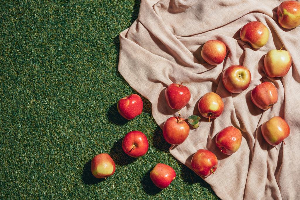 Top view of red apples on sacking cloth and green grass - Photo, Image