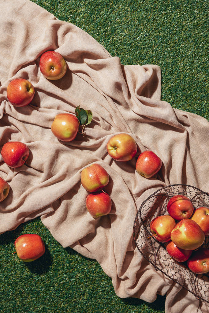 bovenaanzicht van rode appels in metalen mand ontslaan doek en groen gras - Foto, afbeelding