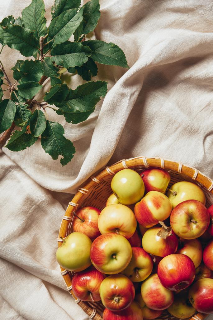 верхний вид яблок в плетеной корзине с листьями яблони на мешковатой ткани
 - Фото, изображение