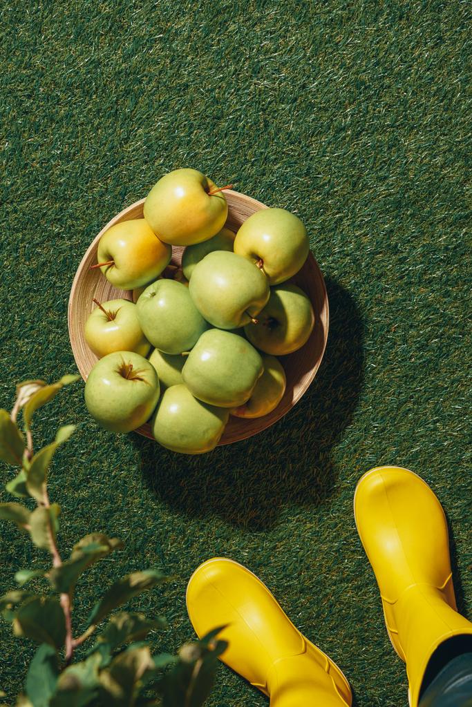 yeşil elma ile ahşap kase yakınındaki ayakta kişinin sarı kauçuk kırpılmış görünümü çizme - Fotoğraf, Görsel