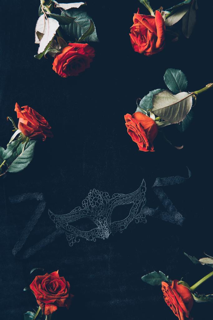 vista dall'alto di maschera di pizzo e belle rose rosse su nero
 - Foto, immagini