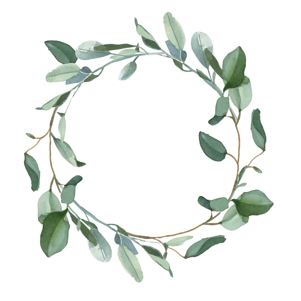 Ilustración en acuarela. Corona de hojas de eucalipto verde aisladas sobre fondo blanco para tarjetas de boda y saludo en estilo boho o rústico
 - Foto, Imagen