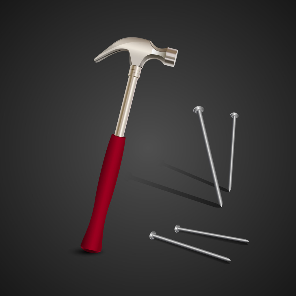 Hammer mit Nägeln auf dunklem Hintergrund - Vektor, Bild