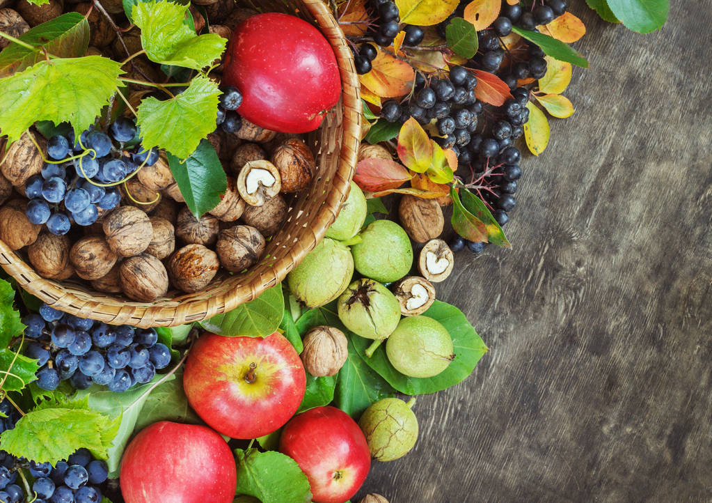 Ποικιλία βιολογικά φρούτα μούρα μήλο σταφυλιών Δαμασκηνό καρυδιά rowanberry σκούρα ξύλινα χώρα φόντο υγειονομικής περίθαλψης φυσική έννοια το top view - Φωτογραφία, εικόνα
