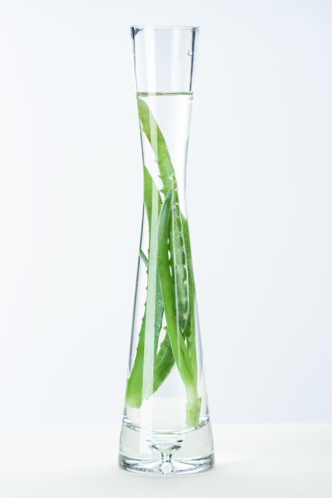 白い表面に緑のアロエベラの天然ハーブ精油の透明な花瓶 - 写真・画像