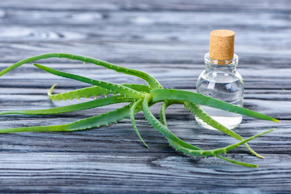 bouteille transparente d'huile essentielle naturelle à base de plantes avec liège et aloe vera sur surface en bois
 - Photo, image