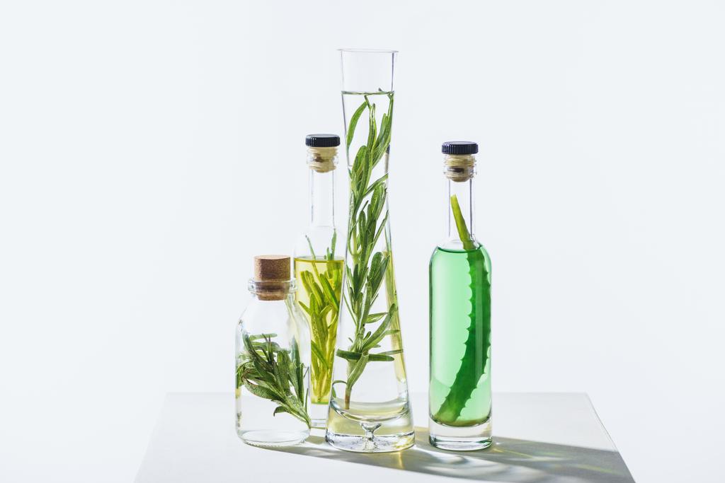 lasipullot luonnon kasviperäisten eteeristen öljyjen oksia valkoisella pinnalla
 - Valokuva, kuva