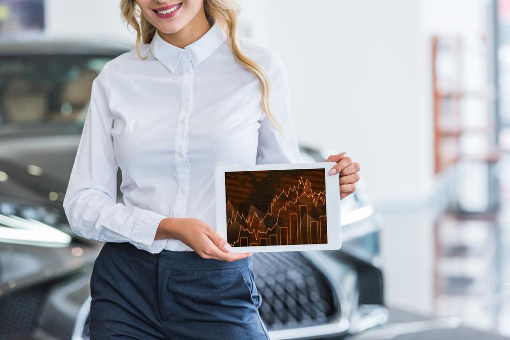 Μερική άποψη της γυναικείας πωλητής δείχνει tablet με γραφικό διάγραμμα στα χέρια στην αντιπροσωπεία σαλόνι - Φωτογραφία, εικόνα