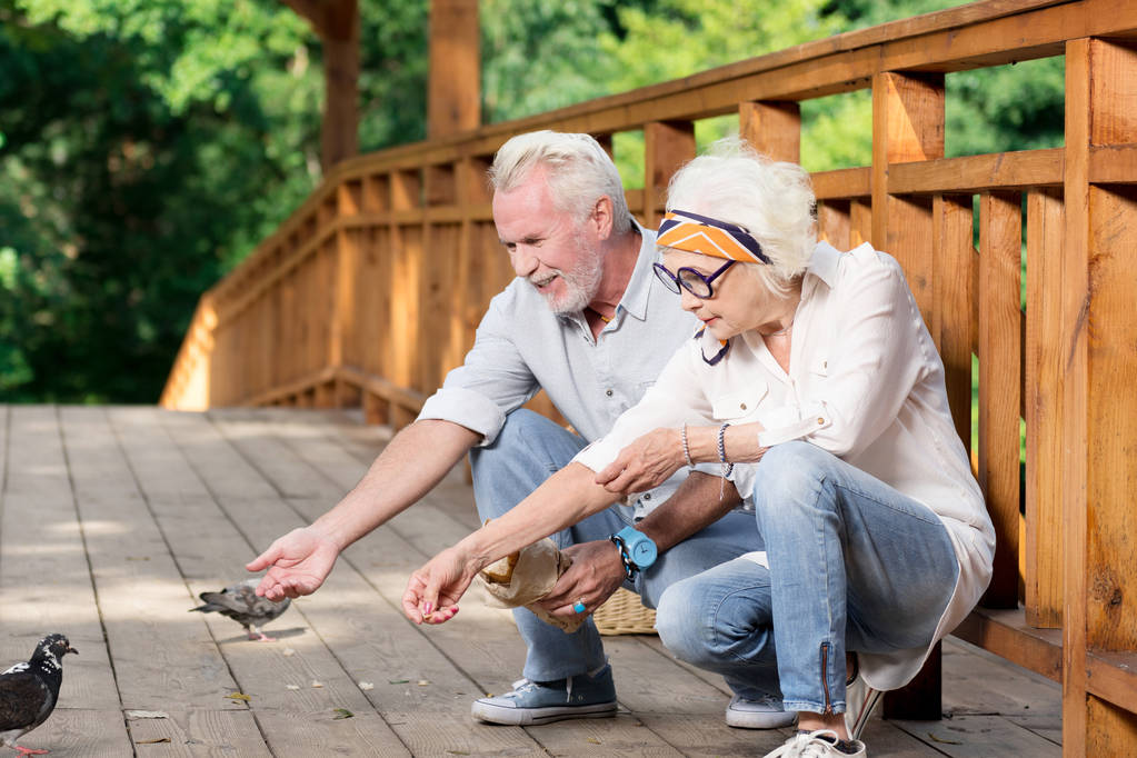 Békés nyugdíjasok ül a hídon, és a madarak etetése - Fotó, kép
