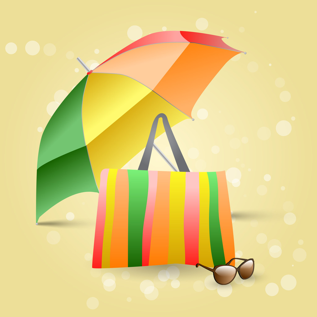 Beach with colorful umbrella, bag and sunglasses - Vector, Image