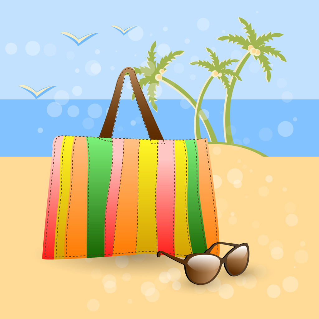 nyáron, a strandon - divatos kiegészítők, arany homok a strandon: színes táska és napszemüveg. - Vektor, kép