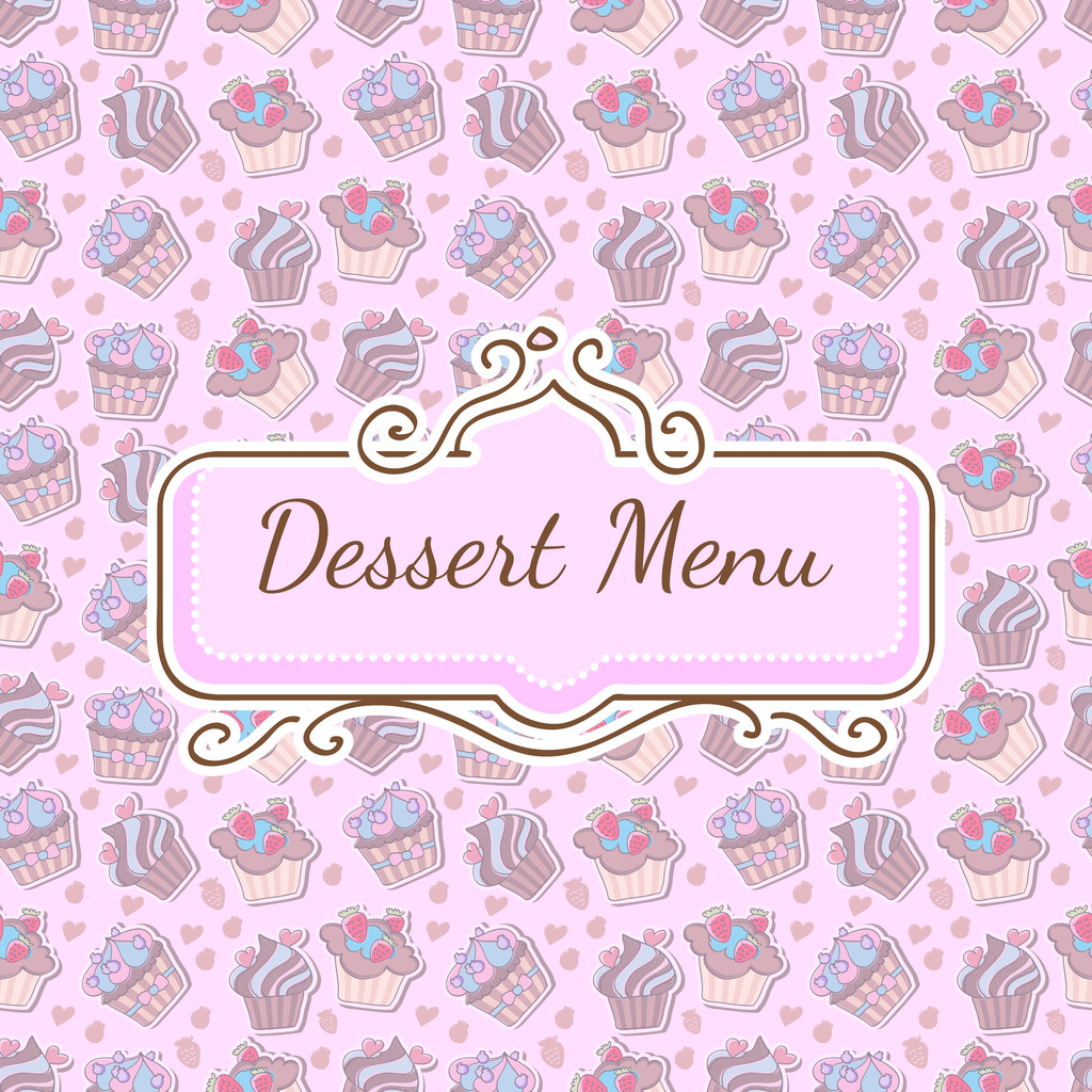 Seamless pattern with a lot of different cupcakes, design for dessert menu - Vector, Image
