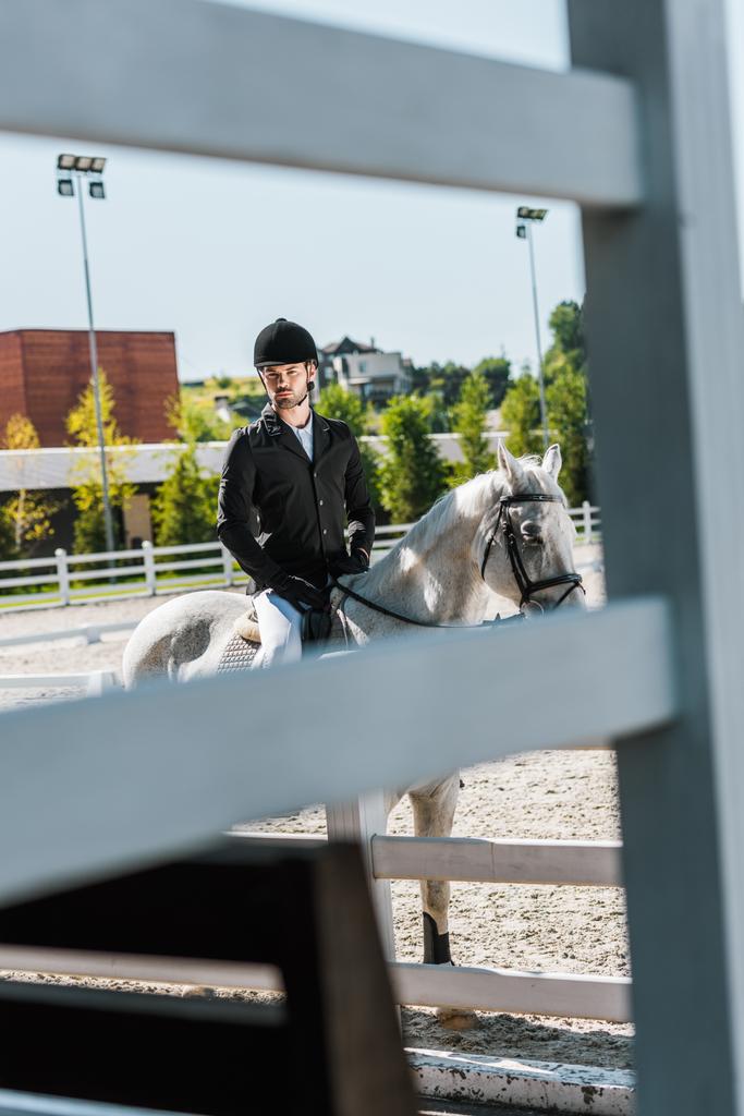 vista attraverso recinzione sul bel fantino maschio cavalcando cavallo bianco al club di cavalli
 - Foto, immagini