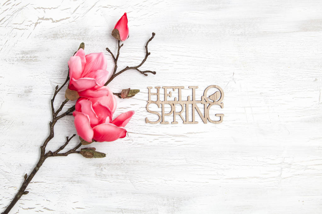 spring background with flowering magnolia branch and text hello spring on wooden background, top view   - Photo, Image