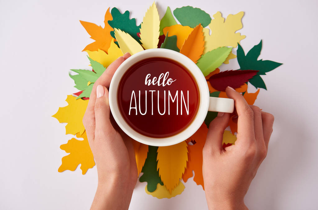 vista parcial de la mujer sosteniendo la taza de té caliente con letras de "hola otoño" en hojas coloridas hechas en papel
 - Foto, Imagen